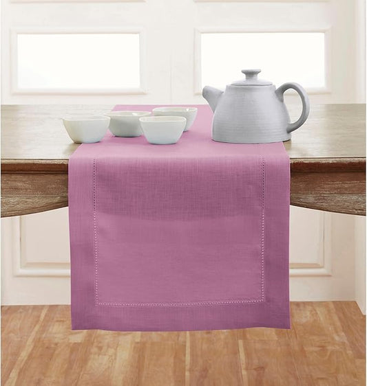 Solino Home Linen Table Runner 108 Inches Long - Classic Hemstitch 100% Pure Linen Violet Dining Table Runner 14 x 108 Inch