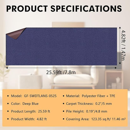 Marine Carpet,5 FT x 25 FT Deep Blue Indoor Outdoor Carpet 0.2" Thick Boat Carpet with Water-Proof TPE Backing, Non-Slide Outdoor Marine Carpet Roll for Home, Patio, Porch, Deck