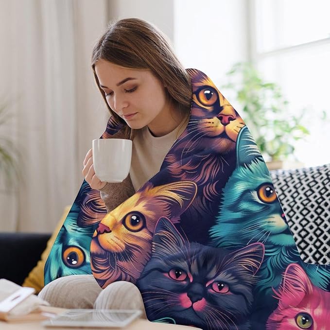 Funny Colorful Cat Print Blanket Kawaii Kitty Animal Throw Blankets Gifts for Couch Sofa Bed Stuff Decor Soft Cozy Fleece Plush Warm Flannel Bedding for Lover Men Women 60"x80"