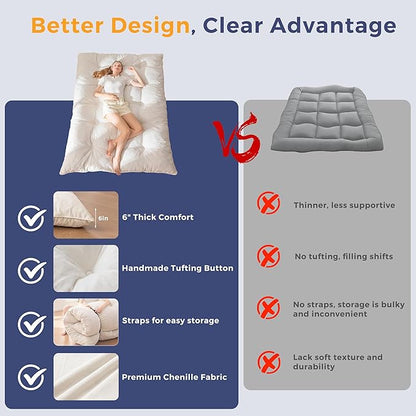 MAXYOYO Japanese Floor Mattress Full Size, 6" Foldable Futon Mattress Tufted Roll Up Floor Bed, Thick Chenille Tatami Mat Sleeping Pad for Camping Guest Room Dormitory Bedroom RV, Beige
