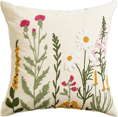 AVOIN colorlife Holiday Floral Embroidered Decorative Throw Pillow Cover, 18 x 18 Inch Daisy Colorful Flowers Tufted Patterned Linen Cushion Case for Bedroom Living Room Sofa Couch