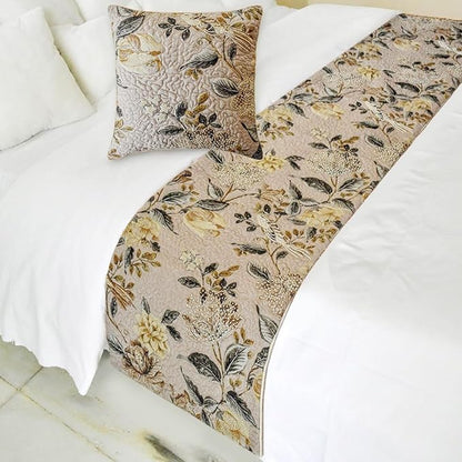 The HomeCentric Beige Bed Runner for King/Queen/Twin Cotton Decorative Bed Scarf 53"x18" Bed Runner Without Pillow Cover, Bird & Floral Bed Scarf Bedroom Décor Accent - Lucinda
