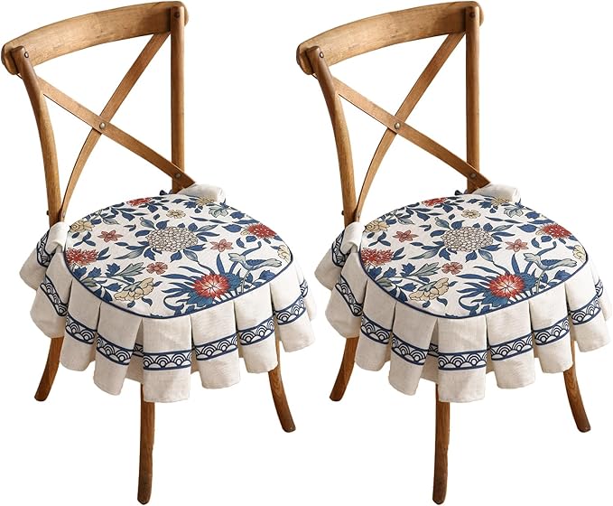 patdrea Pack of 2 Chair Cushions for Dining Chairs with Ruffled, Blue Floral Ivar Seat Cushion with Ties,Non Slip Chair Pads Decor for Bar Stool Cushions, Indoor Kitchen Chairs, 17.7"x17.7"