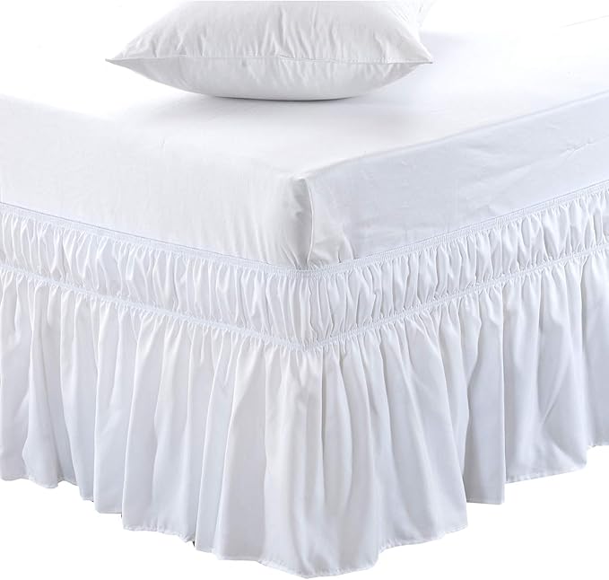 MEILA Wrap Around Bed Skirt Three Fabric Sides Elastic Dust Ruffled 18 Inch Tailored Drop,Easy to Install Fade Resistant-White, Queen/King