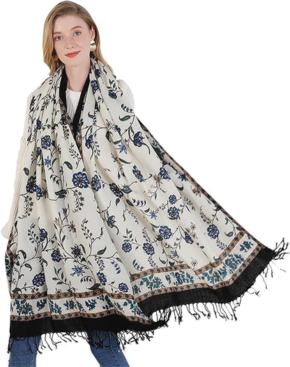 DANA XU 100% Merino Wool Pashmina Shawl for Women 96"x43", Oversized Cashmere Wrap with Tassels, Floral Travel Blanket Cape