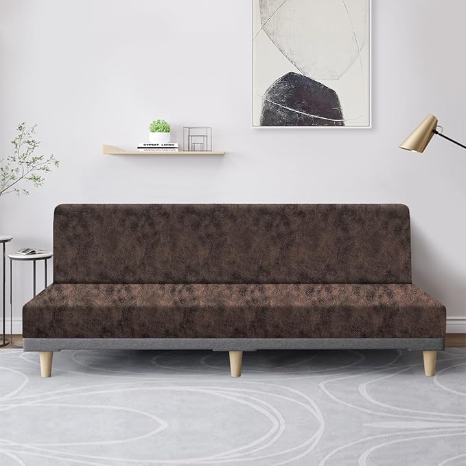 molasofa Leather Like Stretch Futon Slipcover Armless Futon Bed Sofa Cover Furniture Protector with Elastic Bottom, Soft and Washable Futon Cover for Sofa Bed Stay in Place（X Larger，Brown）