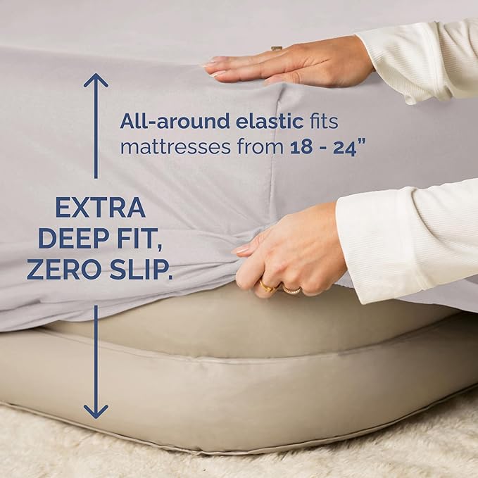 Air Mattress Sheet Set for Queen Size - 4 Piece Breathable & Cooling Sheets w/Extra Deep Pockets - Fits Inflatable & Blow Up Air Mattresses Up to 24 Inches Thick - Soft & Wrinkle Free - Light Grey