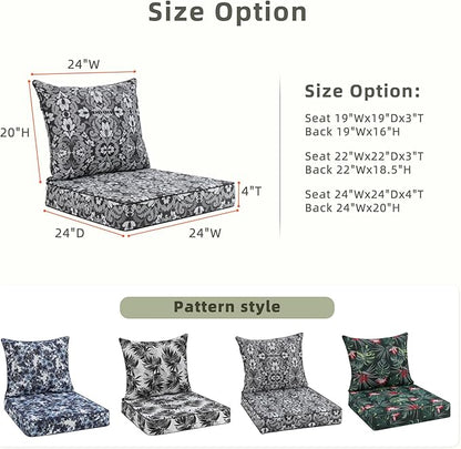 Favoyard Outdoor Seat Cushion 24 x 24 x 4 in Waterproof Pattern Fade Resistant Cover Removable Patio Furniture Cushions Deep Seat & Back Cushion Set with Adjustable Straps for Patio Chair Sofa Couch