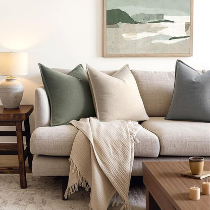 MIULEE Decorative Pillow Covers 22x22, 2 Pack Boho Farmhouse Neutral Throw Pillows for Couch, Thick Textured Modern Linen Cushion Cases Sofa Bed Living Room Home Decor, Olive Green