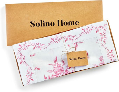Solino Home Pink Floral Print Table Runner 120 Inches Long - 100% Pure Linen Table Runner 14 x 120 Inch - Handcrafted and Machine Washable - Jolie Fleur Print