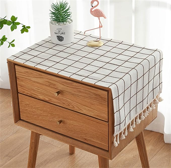 Simple Bedside Table Tassel Cover Cloth, Tablecloth Cover Towel, Suitable for Bedside Table TV Microwave Washing Machine Refrigerator Dust Cover (White Bars, 15.7 * 35.4 inches)