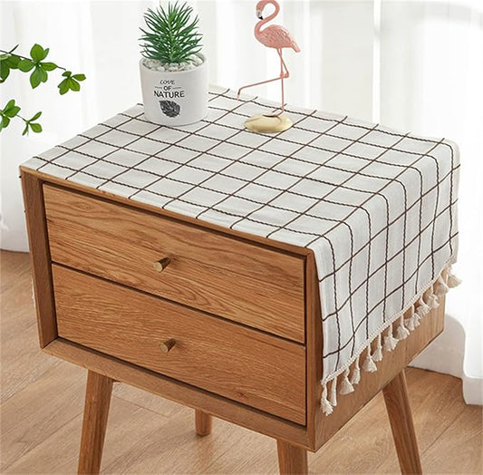 Simple Bedside Table Tassel Cover Cloth, Tablecloth Cover Towel, Suitable for Bedside Table TV Microwave Washing Machine Refrigerator Dust Cover (White Bars, 15.7 * 35.4 inches)
