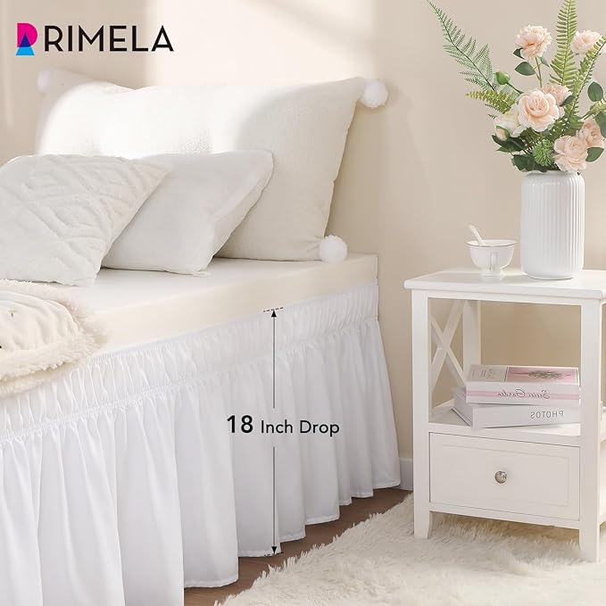 RIMELA Dorm Bed Skirt Twin XL 18 Inch Drop, Extra Long Wrap Around Elastic Bed Skirts Easy to Put On Twin Size Dust Ruffle, White Bedskirt for Adjustable Bed Base Solid Silky Fabric Machine Washable