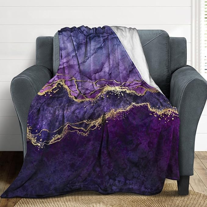 Modern Marble Blanket, Abstract Luxury Baroque Art Golden Purple Stone Veins Pattern Soft Warm Cozy Plush Flannel Covers for Livingroom Bedroom Couch Chair Camping Travel Home Decor Tapestry 40x50in