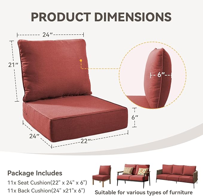 Outdoor Cushion Set for Furniture Patio Furniture, UV Resistant, Water Resistant - 6 Inch Thick Foam Garden Cushions – 22x24 Inch Patio Seat Covers for Chair/Sofa/Couch | Red | 11-Pack |