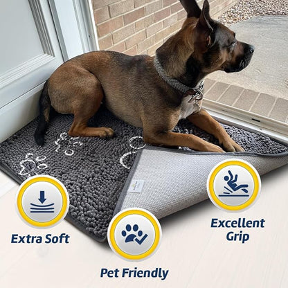 Muddy Mat® Paw Dog Door Embroidery Mat Super Absorbent Microfiber Indoor Outdoor mat for Muddy Paws, Non-Slip Washable Pet Rug, Quick Dry Chenille Entryway Carpet, Machine Washable – Grey 19”x30”