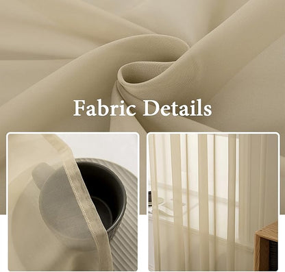 MIULEE Beige Window Sheer Curtains for Bedroom Living Room Solid Elegant Net Drapes 2 Panels Width 38 x Length 63 Inches