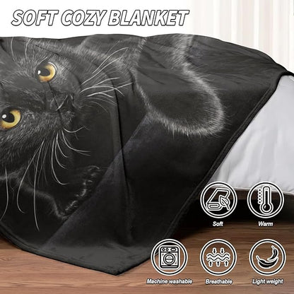 HommomH Black Cat Blanket for Women Girls, Cat Lover Gifts, Soft Fleece Throw Blankets for Sofa Couch Bed, Cozy Home Decor for Bedroom Living Room, 50" x 80"
