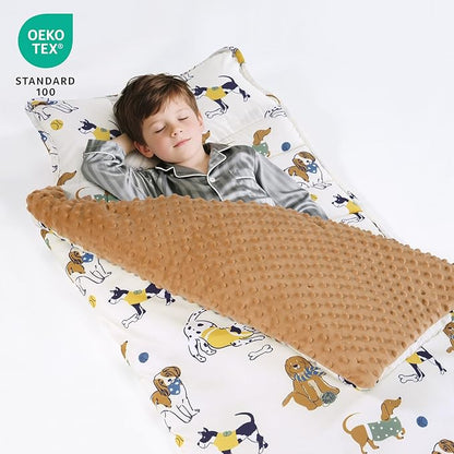 david's kids Minky Toddler Nap Mat with Pillow and Minky Fleece Blanket, Ultra Soft Slumber Bags for Kids, Perfect for Preschool, Daycare, Kids Sleeping Bags with Rollup Design, 50"x20", Dog