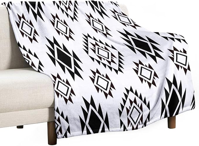 Boho Throw Blanket, Black and White Native Blankets, Vintage Tribal Aztec Printed Flannel Blanket for Chair Bed Sofa Couch 60"x80"