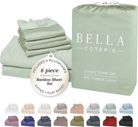 Bella Coterie 6 Piece Luxury Bamboo Viscose Split Top King Size Sheet Set | 34" Split for Adjustable Beds | 100% Organically Grown| Cooling | 18” Deep Pocket | 4 Pillowcases [Sea Glass]