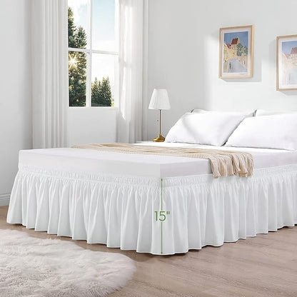 RIMELA Full Size White Bed Skirt 15 Inch Drop, Wrap Around Elastic Bed Skirts Full Size Dust Ruffle, Bedskirt for Adjustable Bed Base Solid Wrinkle and Fade Resistant Silky Fabric Machine Washable