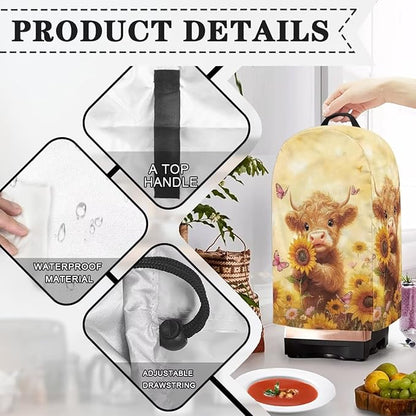 Drawstring Blender Cover Kitchen Appliance Anti Fingerprint Dust Protection Stain Resistant Coffee Maker Food Processor Stand Mixer Cover Sunflower Cartoon Highland Cow