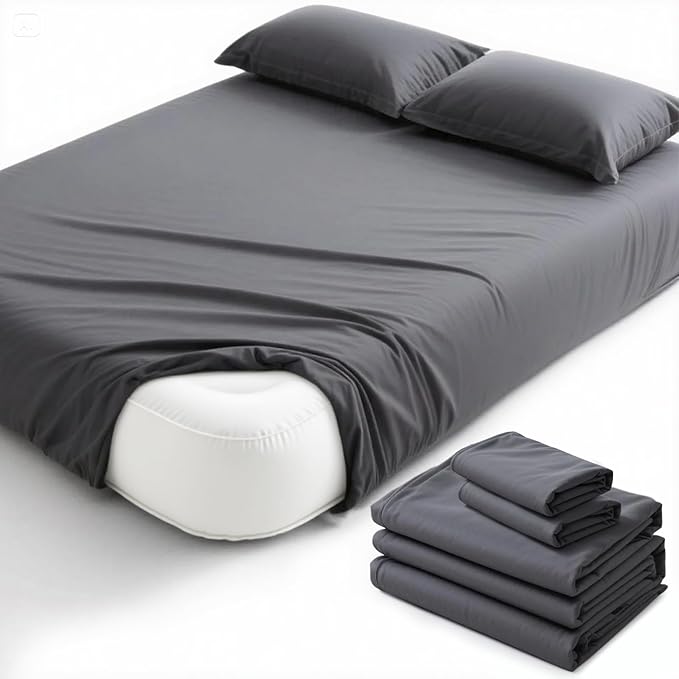 Degrees of Comfort Full Size Sheet Set for Air Mattress – Extra Deep Pocket up to 22”, 4-Piece Bedding Sets with Dual Side Storage Pockets, Breathable & Soft, Wrinkle-Free, Grey