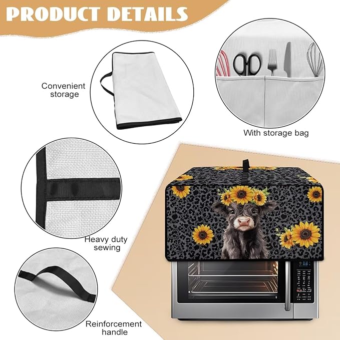 Air Fryer Toaster Oven Dust Cover with Storage Pockets, Stain-resistant Countertop Convection Oven Cover Kitchen Appliance Decor, L, Highland Cow Sunflower Dark Gray