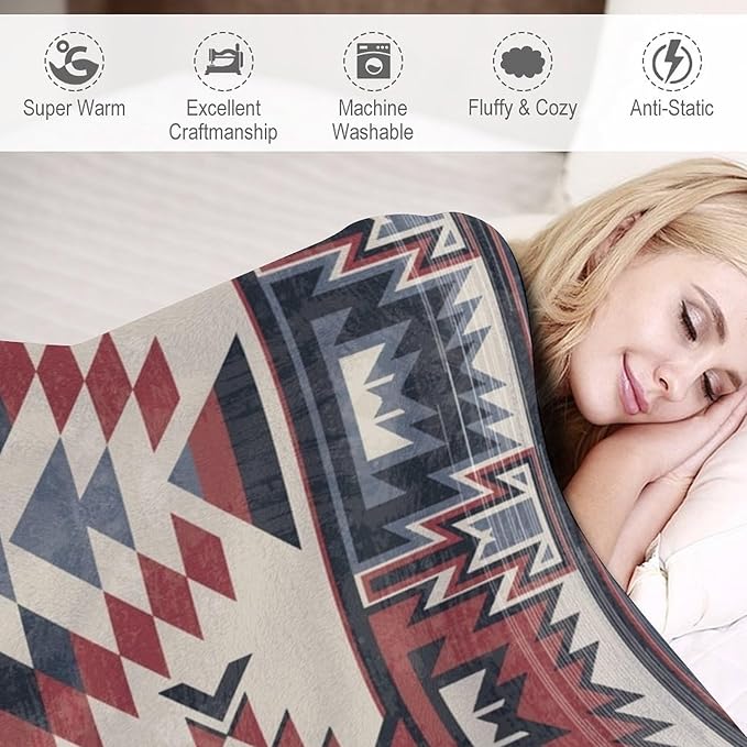 Southwest Blanket, Tribal Indian Throw Blanket Red Black Aztec Ethnic Geometric Print Blanket for Couch Bed Sofa Cover Throw Home Decor 60"x80"