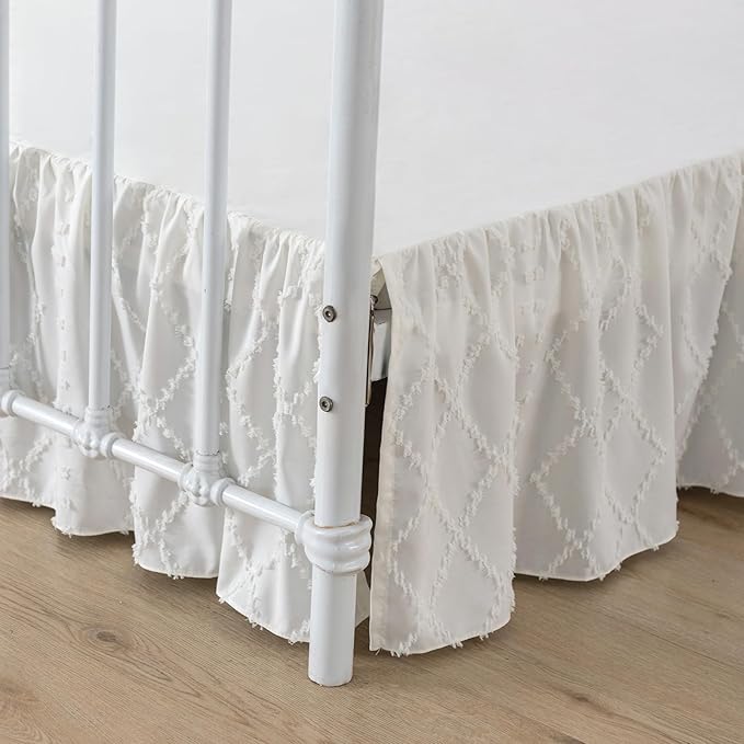 Bed Skirt Queen Size Ruffled Bed Skirt with Split Corners, 12 Inch Drop Dust Ruffle Bed Skirts with Platform, Boho Tufted Shabby Chic Queen Size Bed Skirts, Ivory