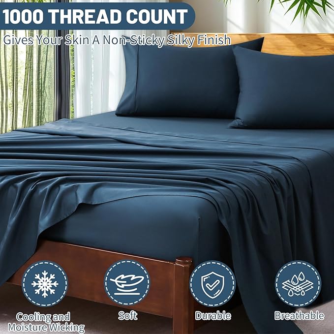 Extra Deep Pocket Queen Sheets 18-24 Inch 100% Egyptian Cotton 1000 Thread Count Sateen Weave Soft Breathable 4 Pieces（Queen,Navy）