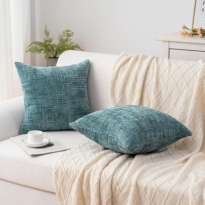 Decorative Throw Pillow Covers 20x20 Inch Set of 2, Soft Solid Farmhouse Chenille Couch Pillows, Spring Pillow Covers for Couch Sofa Bed Living Room Home Decor Pillowcase, Teal