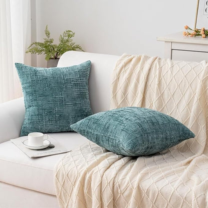 Decorative Throw Pillow Covers 20x20 Inch Set of 2, Soft Solid Farmhouse Chenille Couch Pillows, Spring Pillow Covers for Couch Sofa Bed Living Room Home Decor Pillowcase, Teal