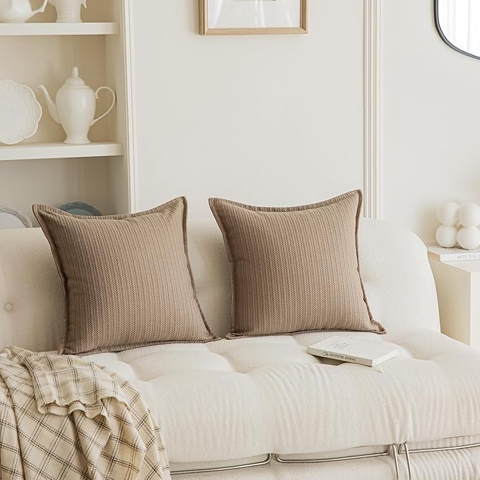 Set of 2 Cozy Striped Herringbone Flange Throw Pillow Covers, Aesthetic Embossed Pattern Pillow Covers for Couch and Bed - 20"x20", Taupe