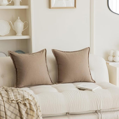 Set of 2 Cozy Striped Herringbone Flange Throw Pillow Covers, Aesthetic Embossed Pattern Pillow Covers for Couch and Bed - 20"x20", Taupe