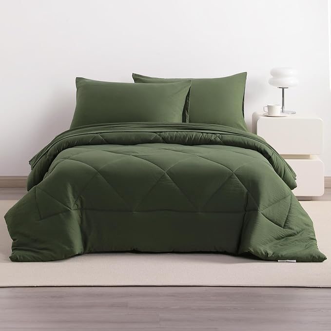 5-Piece Twin Comforter Set with Sheets – Soft and Breathable All-Season Twin Bed in a Bag, Down Alternative Comforter Set for Kids or Teens, Olive Green