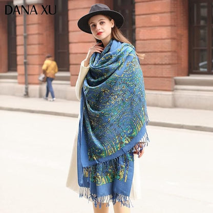 DANA XU 100% Merino Wool Pashmina Shawl for Women 96"x43", Oversized Cashmere Wrap with Tassels, Floral Travel Blanket Cape