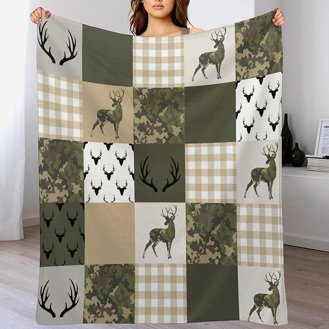 Camouflage Deer Blanket, Vintage Camo Green Beige Plaid Rustic Cabin Wildlife Hunting Blankets for Mens Room Bed Sofa, 60"x80"