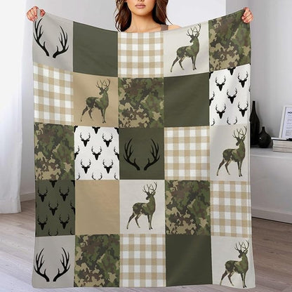 Camouflage Deer Blanket, Vintage Camo Green Beige Plaid Rustic Cabin Wildlife Hunting Blankets for Mens Room Bed Sofa, 60"x80"