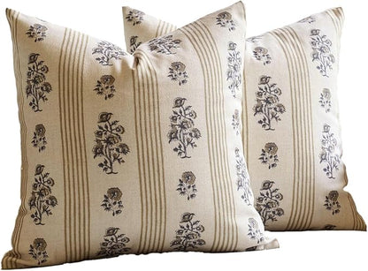Amor Virisso Floral Throw Pillow Covers 20x20 Set of 2 Block Print Pillow Covers Neutral Floral Striped Farmhouse Decorative Pillow Covers for Sofa Couch Bed, Yellow