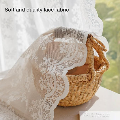 Anmao Vintage White Lace Curtains 90 Inches Long 2 Panels Set, Romantic Elegant Light Filtering Semi Sheer Floral Thick Lacy Curtain Drapes for Living Room and Bedroom, Each Panel 55W x 90L, Off White