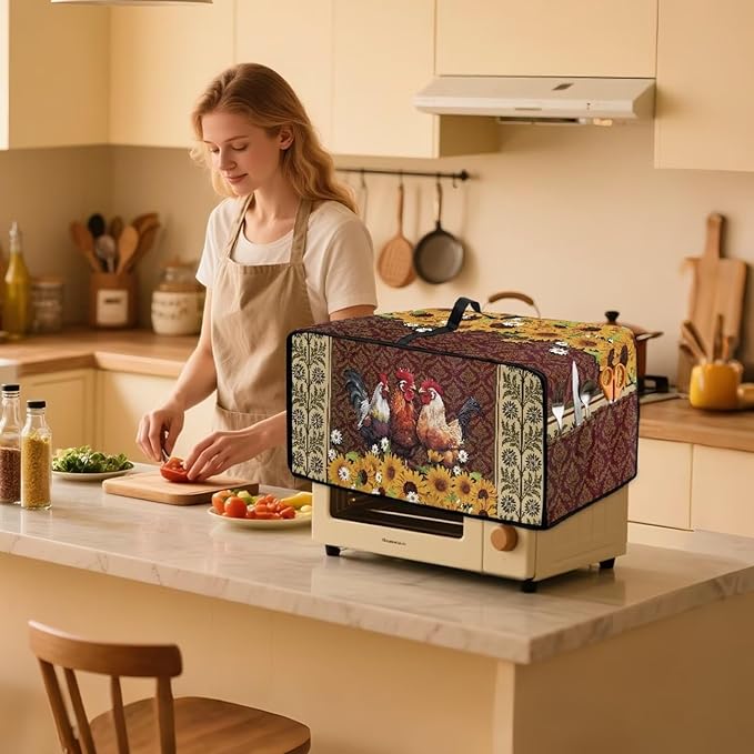 Convection Oven Dustproof Cover with Pockets, Washable Toaster Oven Cover Small Appliance Accessories for Kitchen Countertop, M, Chicken Rooster Sunflower Daisy Floral