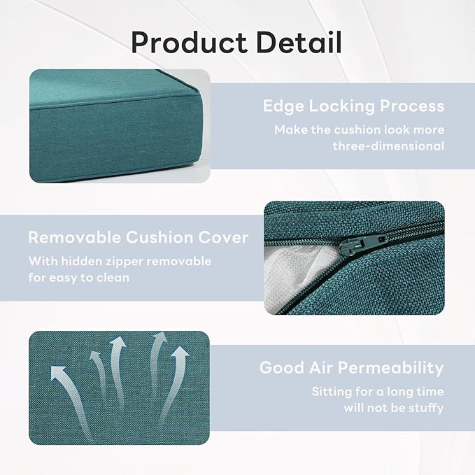 6" Thicker Outdoor Chair Cushion 4 Sets - 24" *24" *6" Waterproof Patio Furniture Cushions with Removable Cover, 28D High Density Sponge Filling Thicken Outdoor Patio Cushions - Peacock Blue