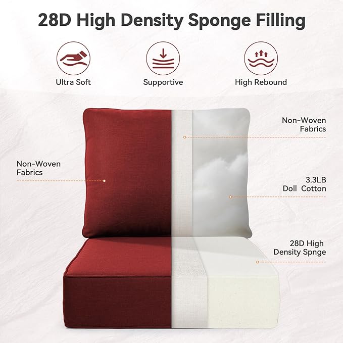 Luxury 6" Outdoor Cushions for Patio Furniture, 24x24x6" Thick Seat Cushion Set of 3, Fade Resistant Couch Chair Replacement Cushions High Density Deep Wicker Chair Cushion w/ Removable Cover, Red