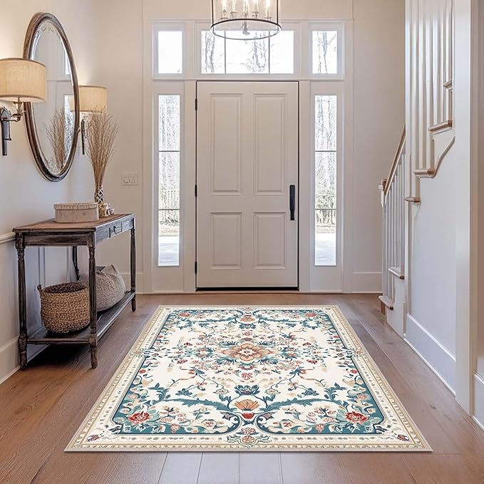 4x6 Boho Area Rug Beige Oriental Rug Non Slip Low Pile Large Carpet for Home Kitchen Living Room Bedroom Dining Room Office