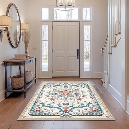 4x6 Boho Area Rug Beige Oriental Rug Non Slip Low Pile Large Carpet for Home Kitchen Living Room Bedroom Dining Room Office