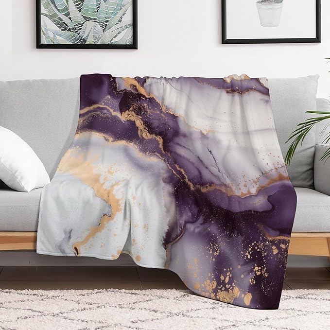 Modern Marble Blanket, Abstract Luxury Baroque Golden Purple White Stone Veins Pattern Soft Warm Cozy Plush Flannel Covers for Livingroom Bedroom Couch Chair Camping Travel Home Decor Tapestry 40x50in