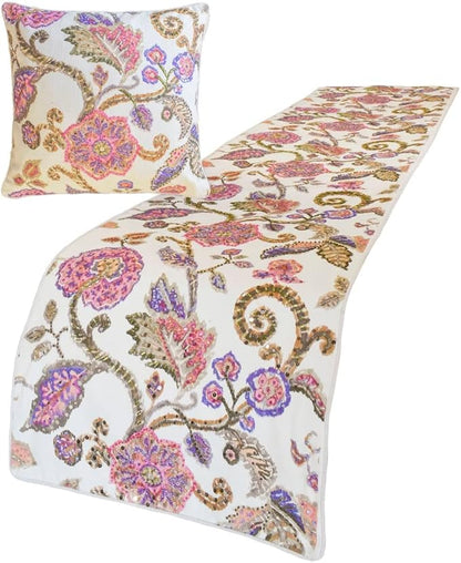 The HomeCentric King/Queen/Twin White & Pink Designer Queen 74"x18" Bed Runner with Pillow Cover, Floral, Printed, Sequins, Beaded, Embroidery & Handmade Bed Scarf on Cotton Fabric - Aster