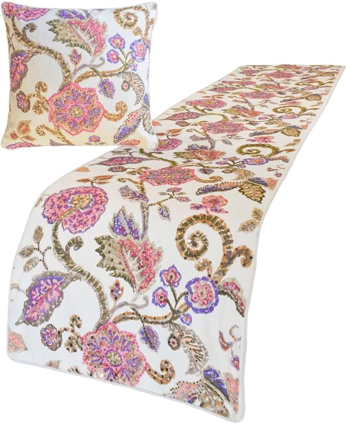 The HomeCentric King/Queen/Twin White & Pink Designer Full 68"x18" Bed Runner with Pillow Cover, Floral, Printed, Sequins, Beaded, Embroidery & Handmade Bed Scarf on Cotton Fabric - Aster
